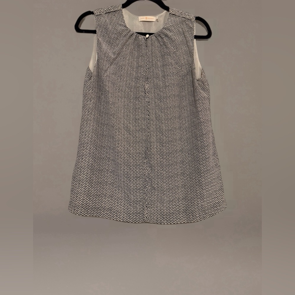Tory Burch sleeveless blouse in a black and white micro-chevron print.